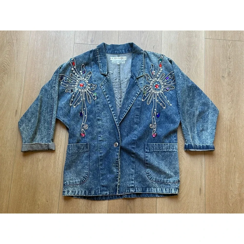Vintage Golden River Denim Jacket Embellished Rhinestone Acid Wash 80s Costume